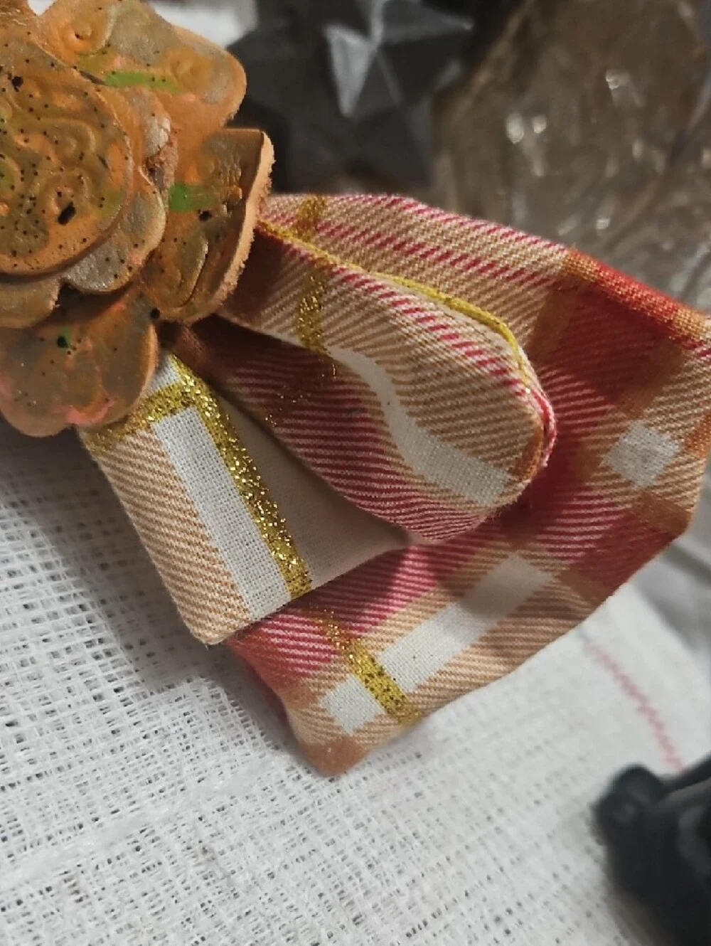 Handcrafted Plaid Dog Collar Bow Tie Peach Leather Floral Accent NEW